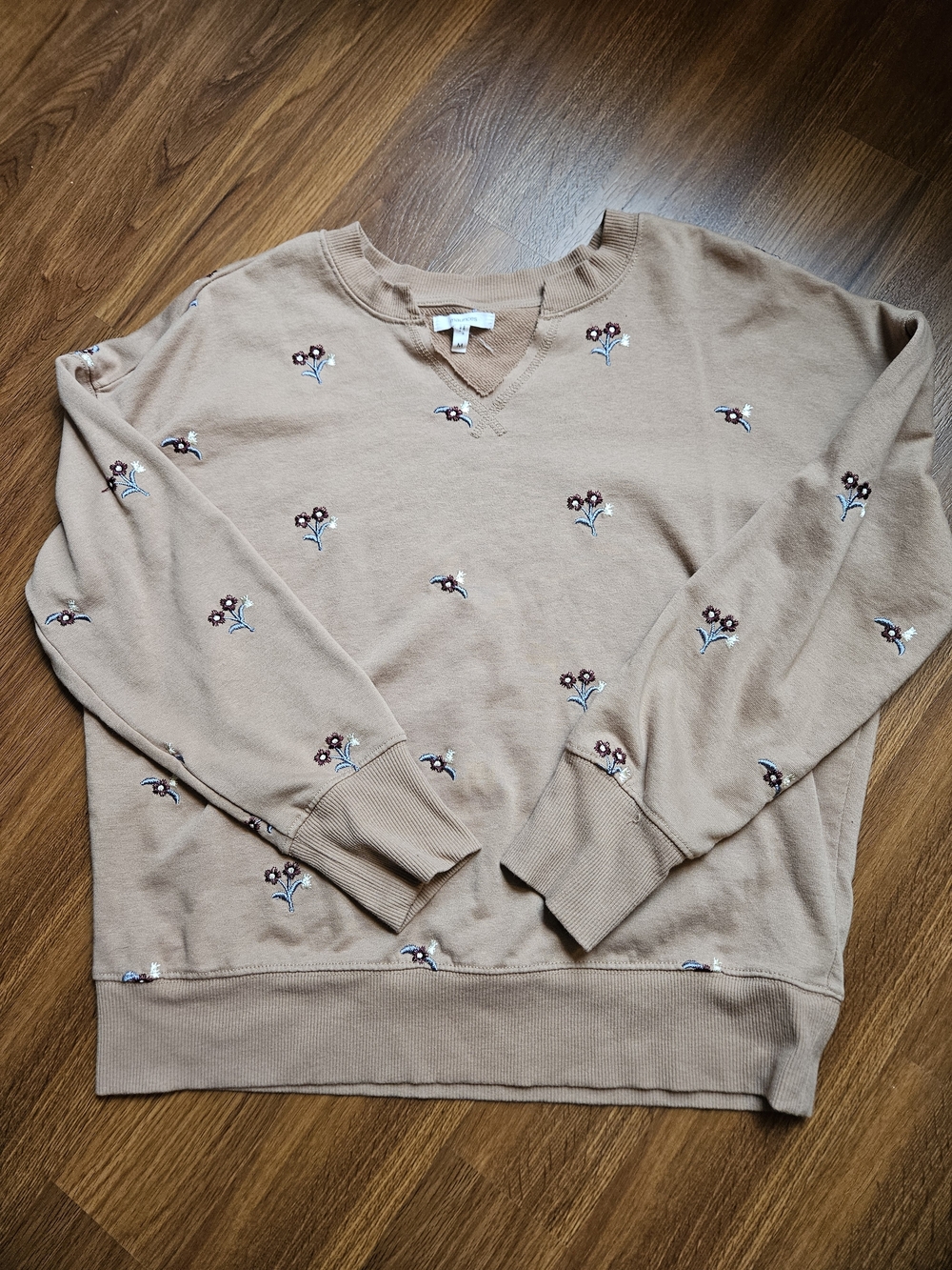 Maurices Light Brown V-Neck Sweater with Embroidered Flowers